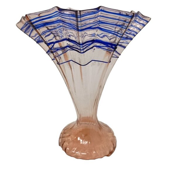VTG Bohemian Hand Blown Art Glass Vase Pink Blue Flare Rim MCM Czechoslovakia - Picture 1 of 11